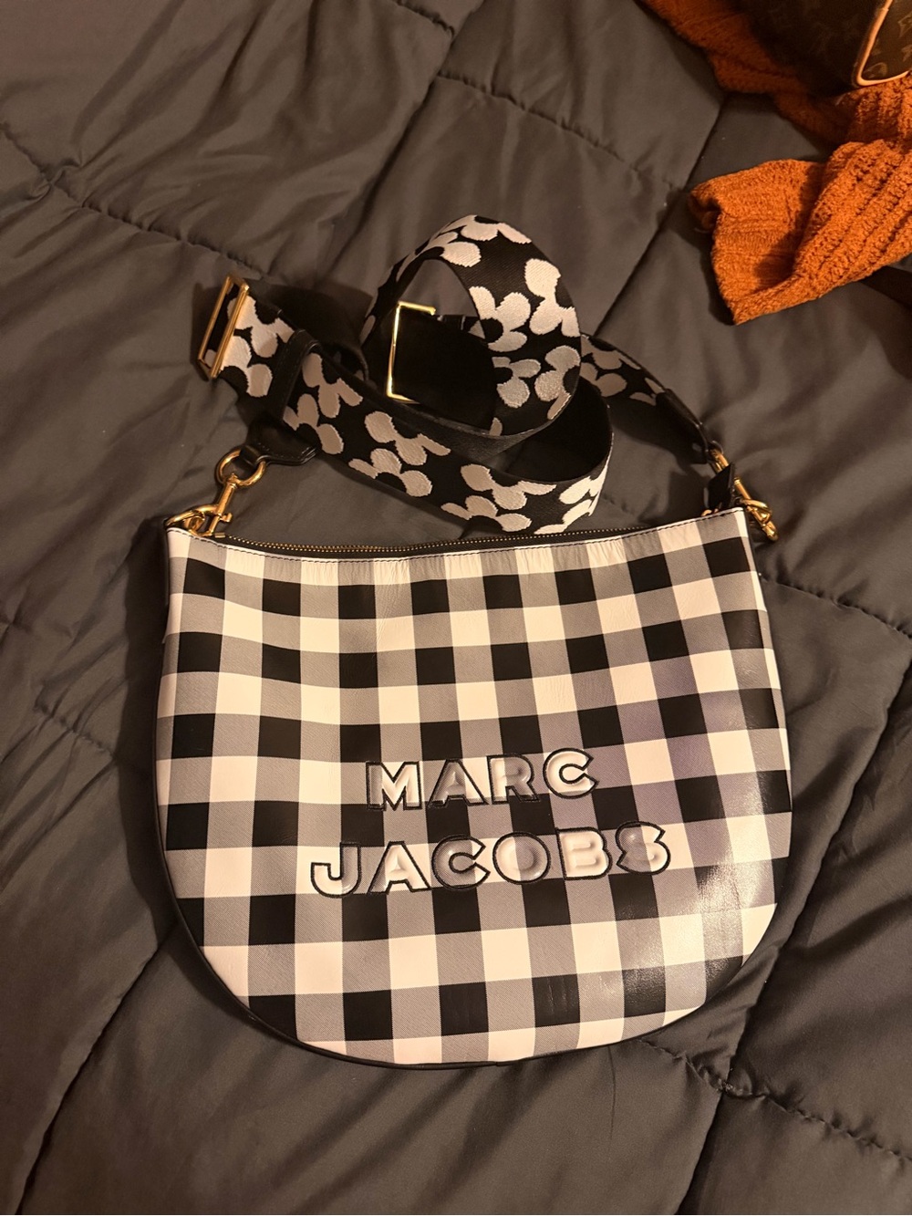 Marc Jacobs Black & White Gingham Crossbody with Floral Strap